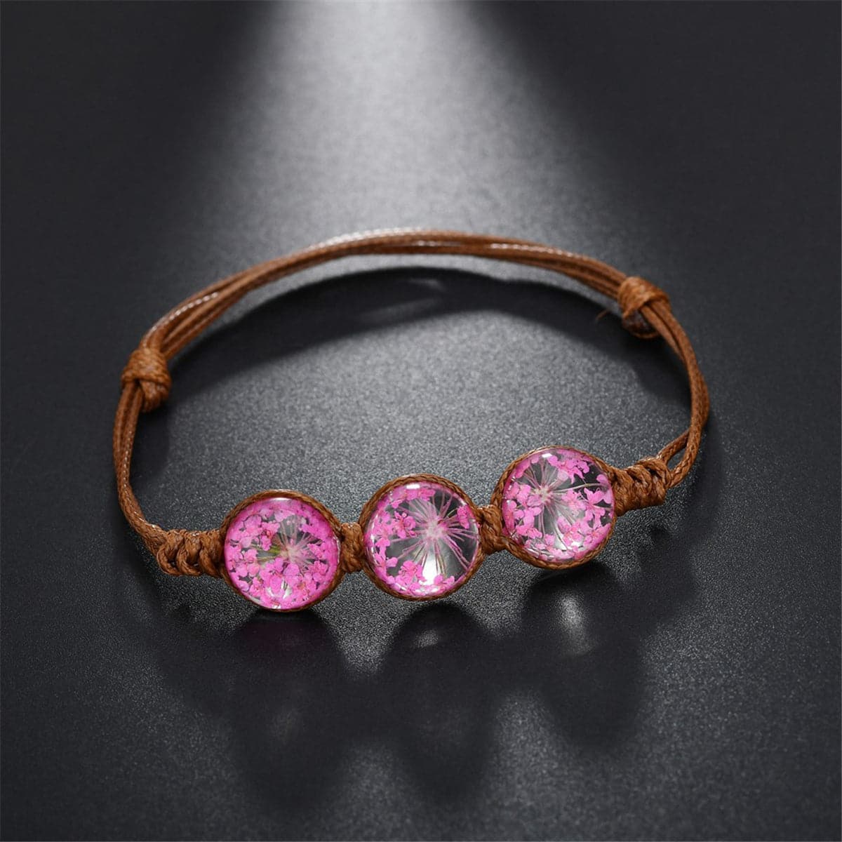 Pink Triple Gypsophila Adjustable Bracelet, bracelet for women, vintage-inspired design, front view