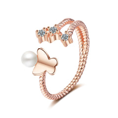 Cubic Zirconia & Pearl 18K Rose Gold-Plated Butterfly Split-Shank Open Ring