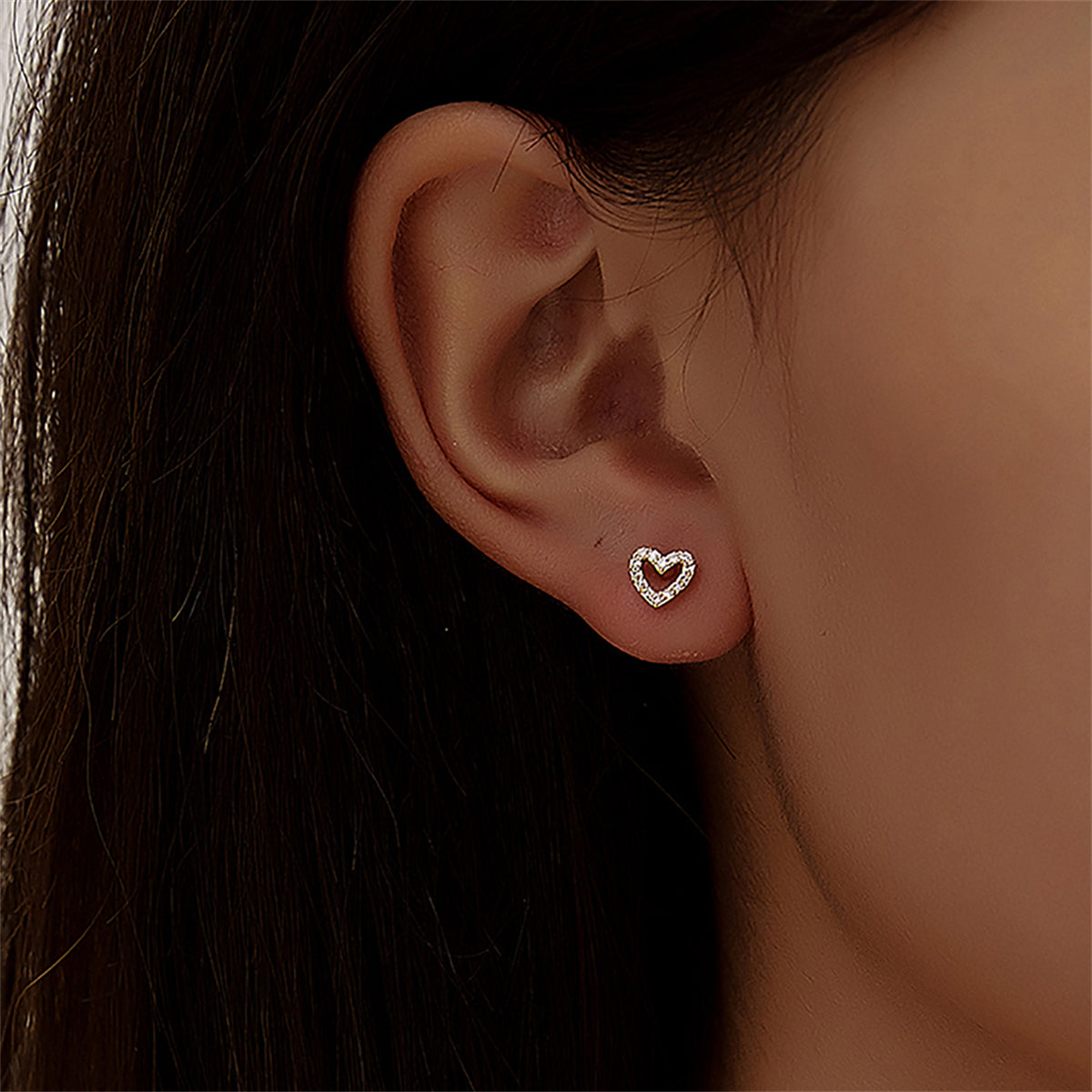 Cubic Zirconia and 18K Gold-Plated Open Heart Barbell Stud Earring, gold stud earrings for women, lifestyle look