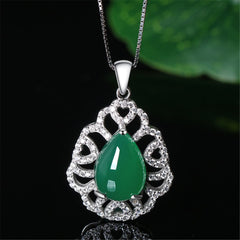Jade & Cubic Zirconia Sterling Silver Filigree Pendant Necklace