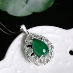 Jade & Cubic Zirconia Sterling Silver Filigree Pendant Necklace