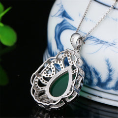 Jade & Cubic Zirconia Sterling Silver Filigree Pendant Necklace