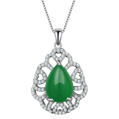 Jade & Cubic Zirconia Sterling Silver Filigree Pendant Necklace