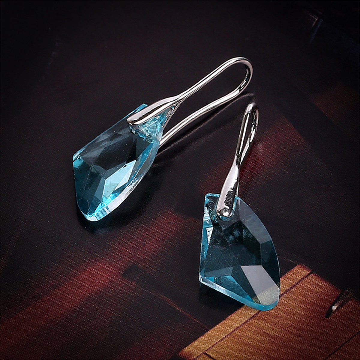Blue Crystal and Silver-Plated Drop Earrings, silver drop earrings for women, everyday style, front view