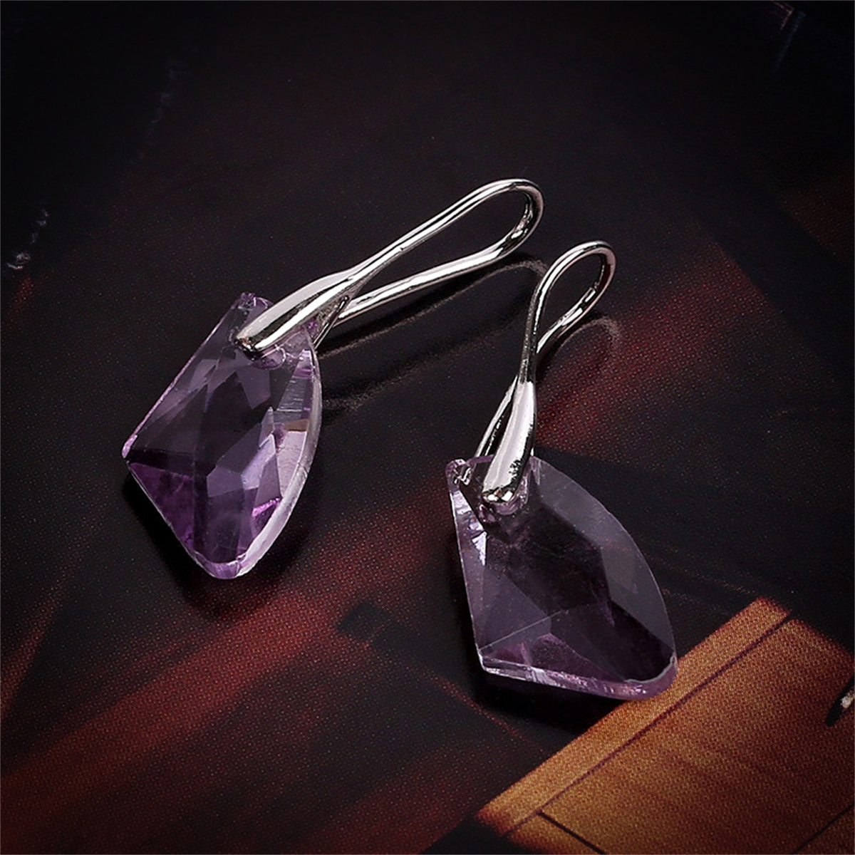 Purple Crystal and Silver-Plated Drop Earrings, silver drop earrings for women, everyday style, front view