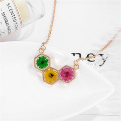 Pressed Flower & 18K Gold-Plated Multicolor Hexagon Pendant Necklace