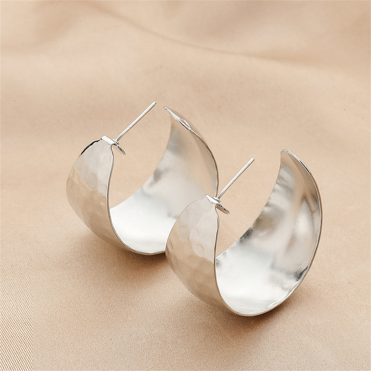 Silver-Plated Uneven-Surface C-Shape Drop Earrings, silver stud earrings for women, vintage-inspired design, detail close-up