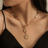 Elegant 18K gold-plated lariat necklace featuring a large chain and a disc inscribed with 'You Are My Sunshine'.