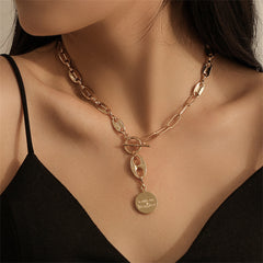 Elegant 18K gold-plated lariat necklace featuring a large chain and a disc inscribed with 'You Are My Sunshine'.