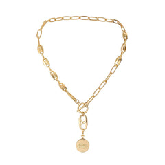 Stunning 18K gold-plated toggle lariat necklace with a bold chain and a disc charm that reads 'You Are My Sunshine'.
