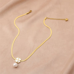 Beautiful 18K gold-plated snake-chain necklace with a pearl and heart charm, highlighted by a delicate clover pendant.