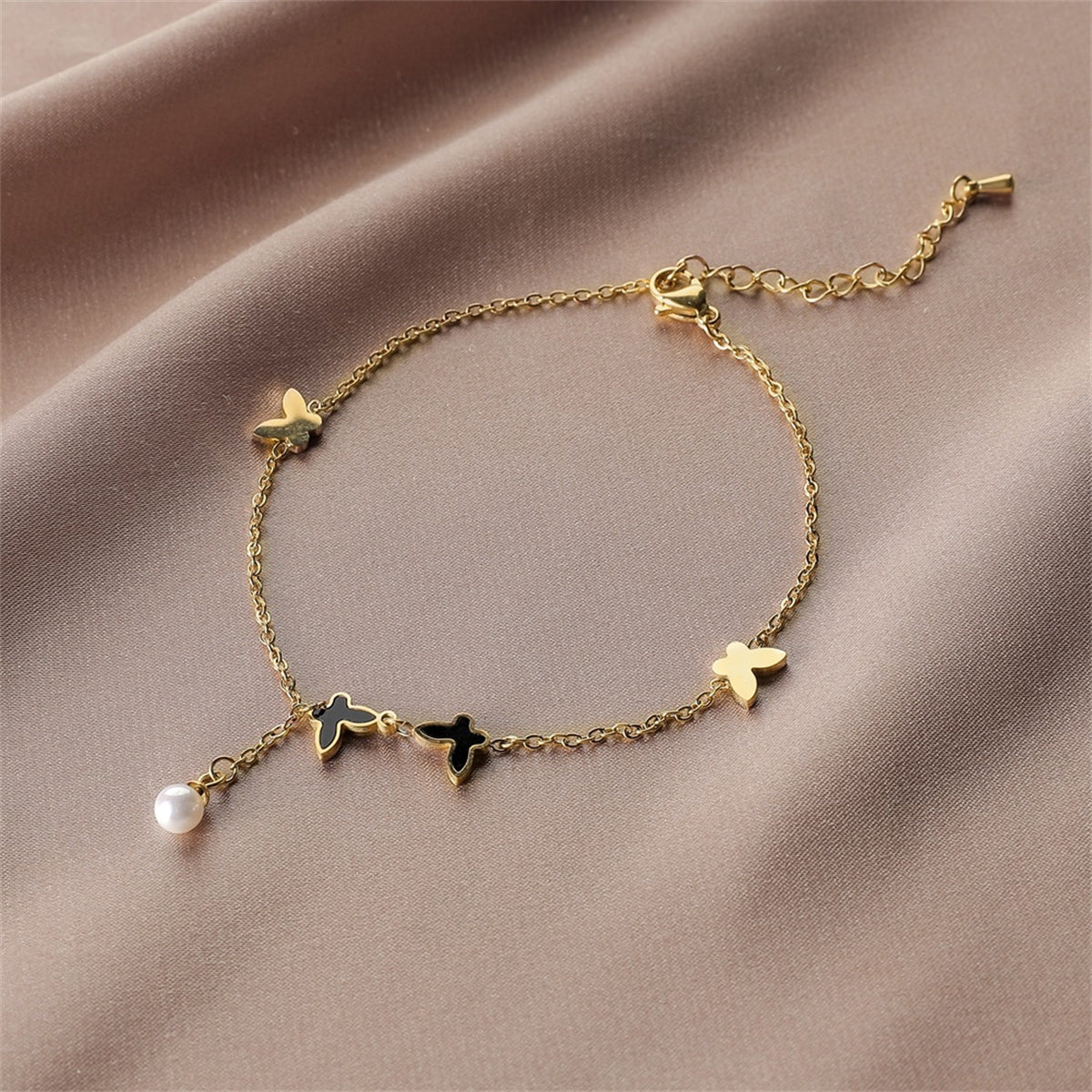 Black Acrylic and Pearl 18K Gold-Plated Butterfly Anklet, gold anklet bracelet, botanical inspired, lifestyle look