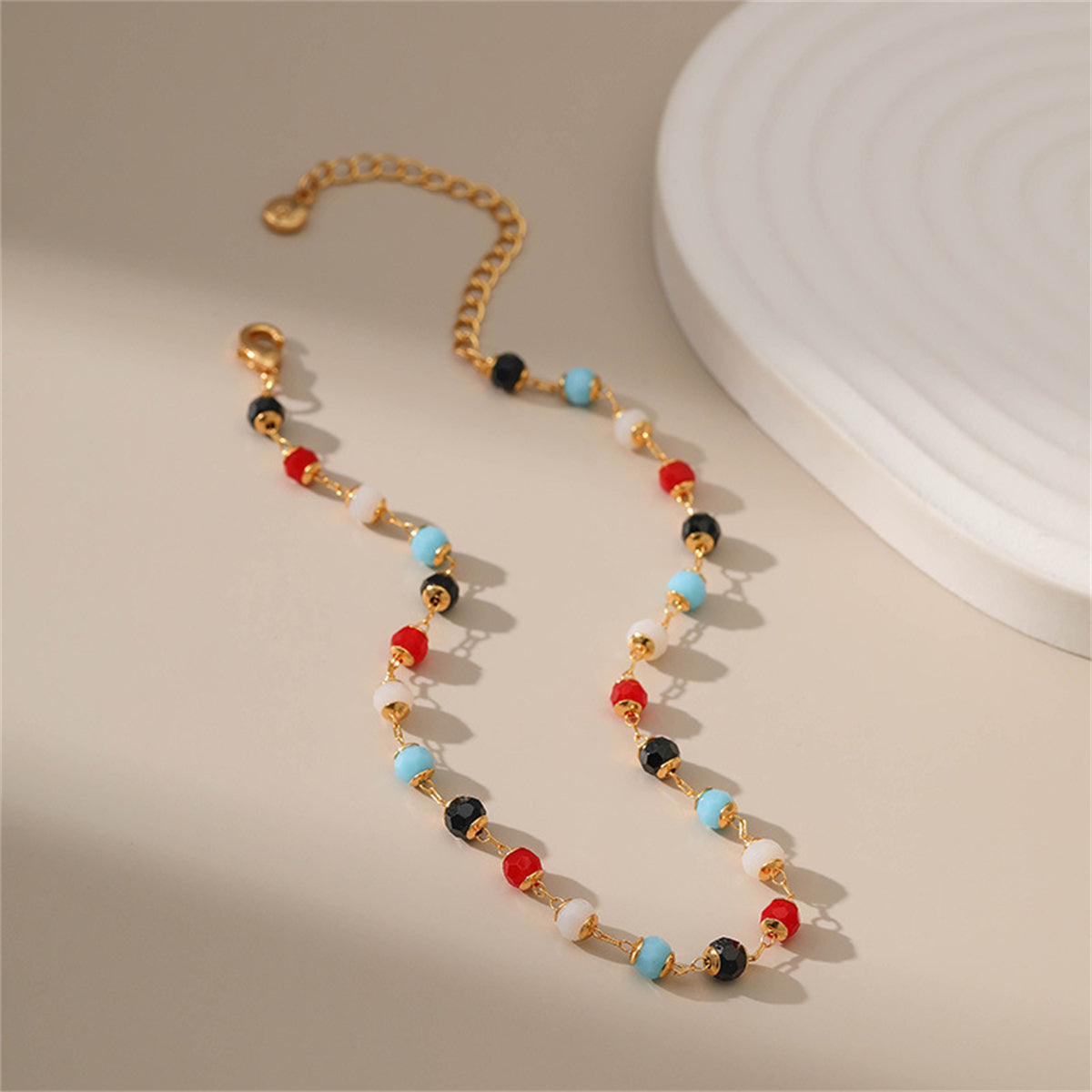 Red Multicolor Acrylic and 18K Gold-Plated Bead Anklet, gold anklet bracelet, botanical inspired, styled look