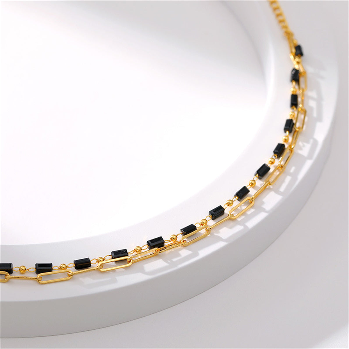 Black Acrylic and 18K Gold-Plated Bead Chain Layered Anklet, gold anklet bracelet, dainty minimalist design, styled look
