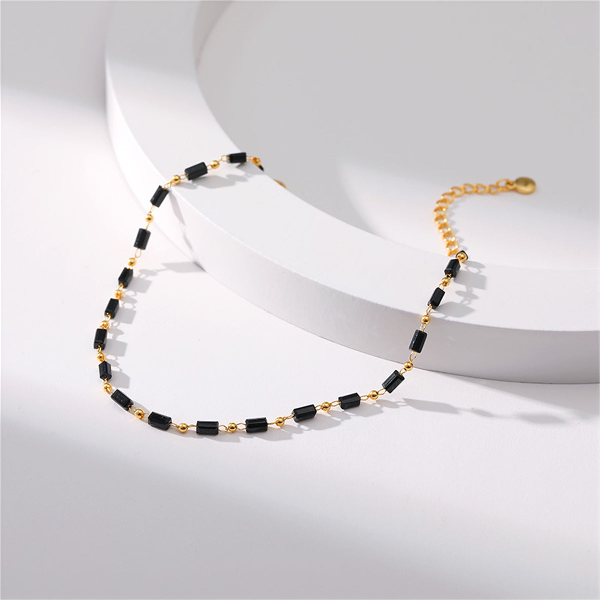 Black Acrylic and 18K Gold-Plated Beaded Anklet, gold anklet bracelet, vintage-inspired design, styled look