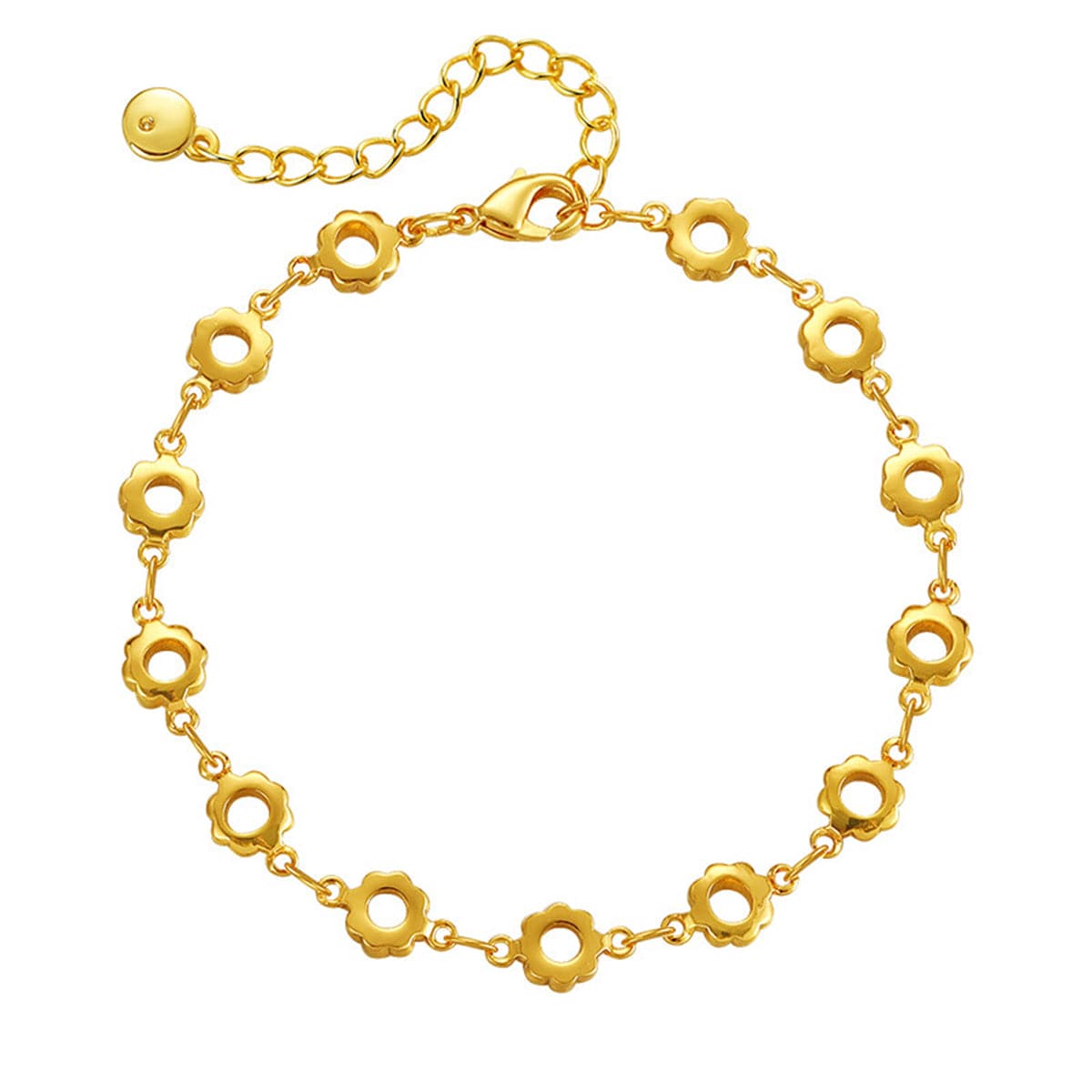 A delicate 18K gold-plated bracelet featuring small circles and a chain, designed with open flower stations.
