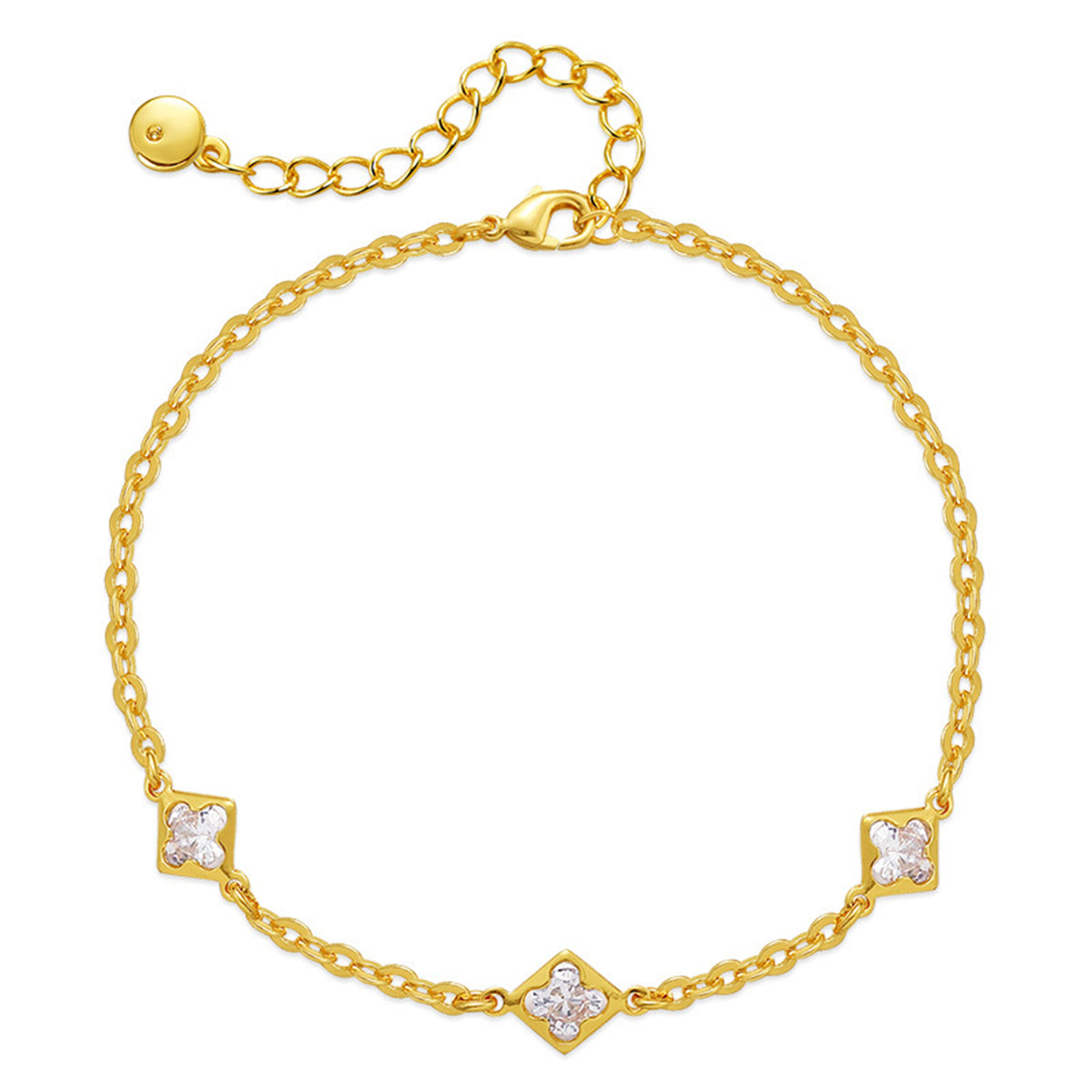 A gold-plated bracelet adorned with diamonds and a clover charm, showcasing elegance and luxury in design.