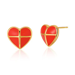 A pair of red heart-shaped stud earrings featuring red enamel and 18K gold plating.