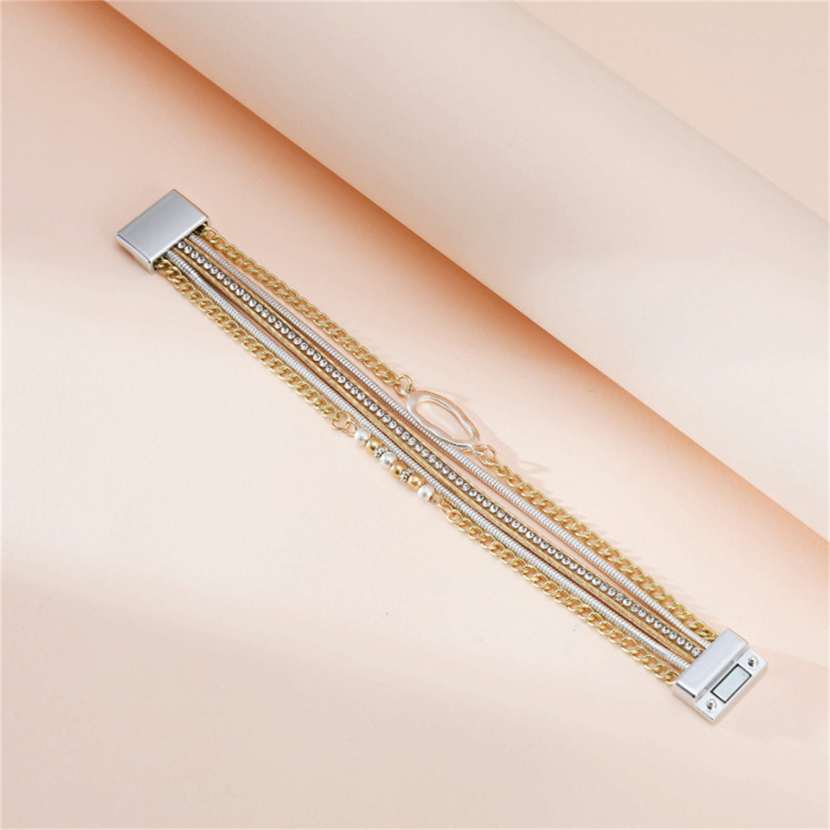 Cubic Zirconia and Polystyrene Pearl Two-Tone Strand Bracelet, bracelet for women, botanical inspired, styled look