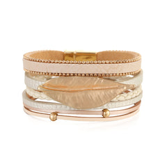 Coffee Polystyrene & 18K Gold-Plated Bead Line Leaf-Charm Layered Bangle
