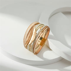 Coffee Polystyrene & 18K Gold-Plated Bead Line Leaf-Charm Layered Bangle