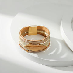 Coffee Polystyrene & 18K Gold-Plated Bead Line Leaf-Charm Layered Bangle