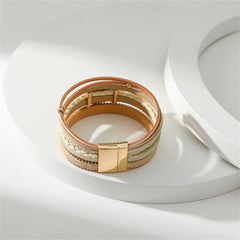 Coffee Polystyrene & 18K Gold-Plated Bead Line Leaf-Charm Layered Bangle