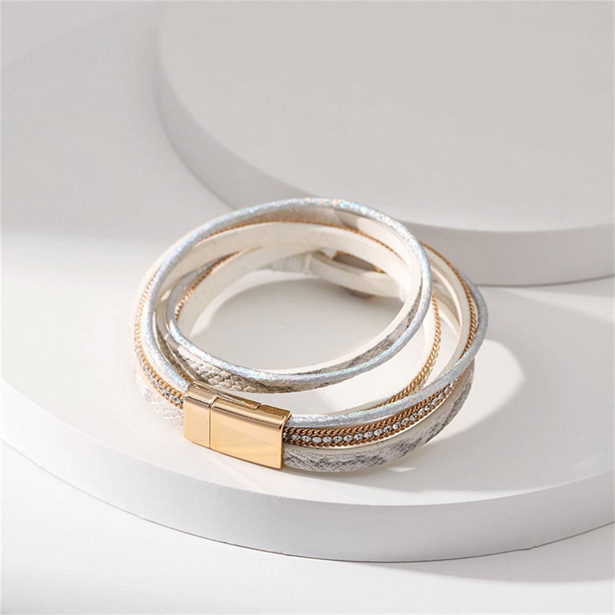 Cubic Zirconia and White Resin Cluster 18K Gold-Plated Layered Bracelet, gold bracelet for women, styled look