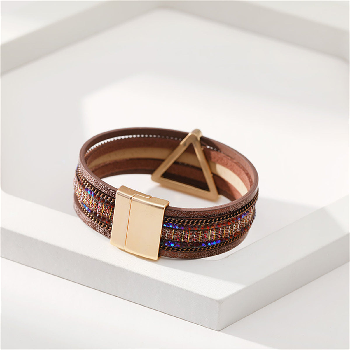 Brown Polystyrene and Cubic Zirconia Triangle Layered Bracelet, bracelet for women, dainty minimalist design, styled look
