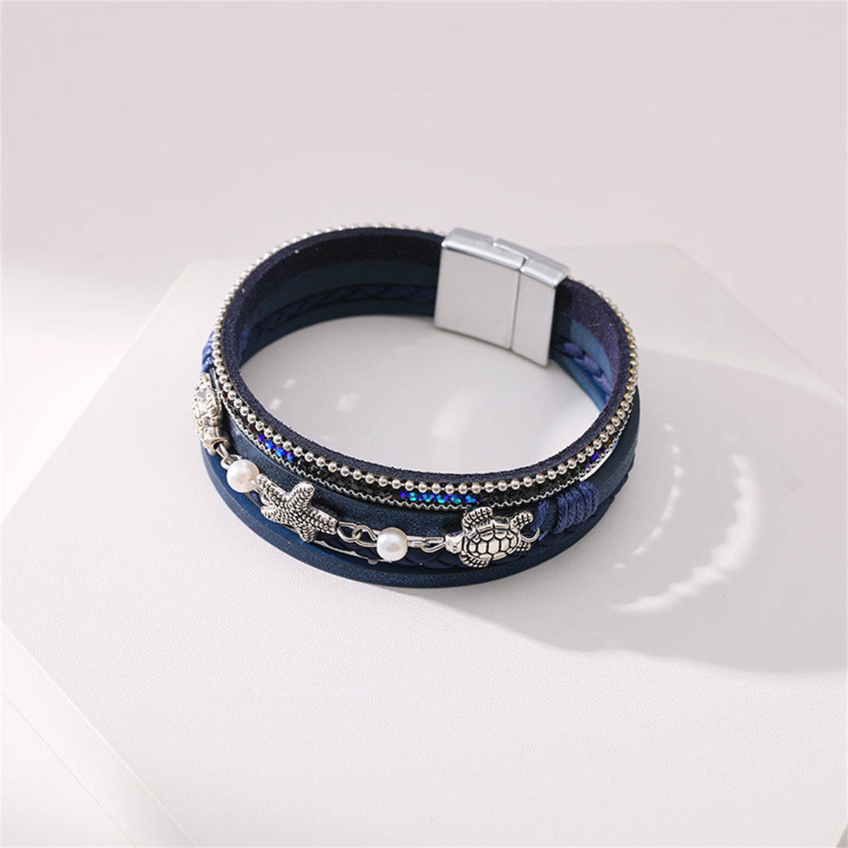 Navy Polystyrene and Pearl Turtle Starfish Layered Bracelet, bracelet for women, botanical inspired, styled look