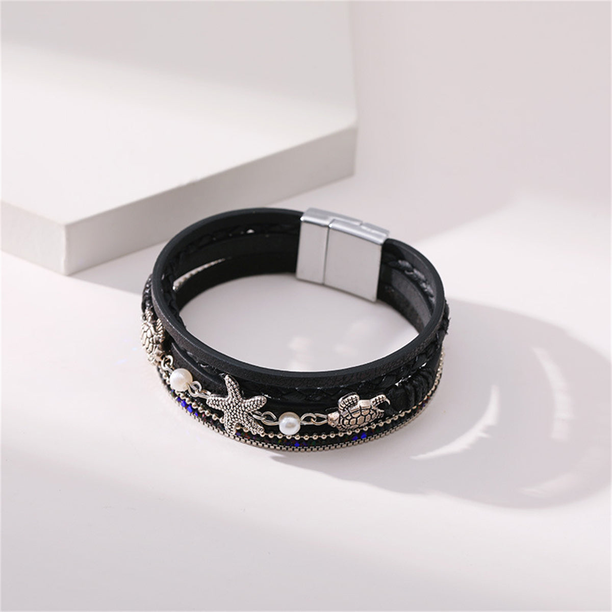 Black Polystyrene and Pearl Turtle Starfish Layered Bracelet, bracelet for women, botanical inspired, styled look