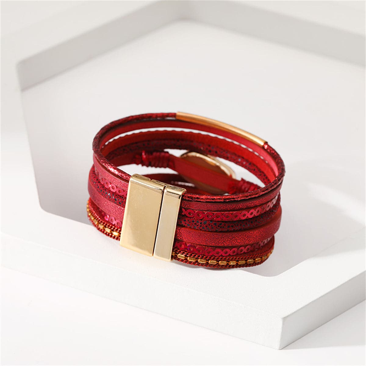 Red Polystyrene and Resin 18K Gold-Plated Druzy Stacked Bracelet, gold bracelet for women, styled look