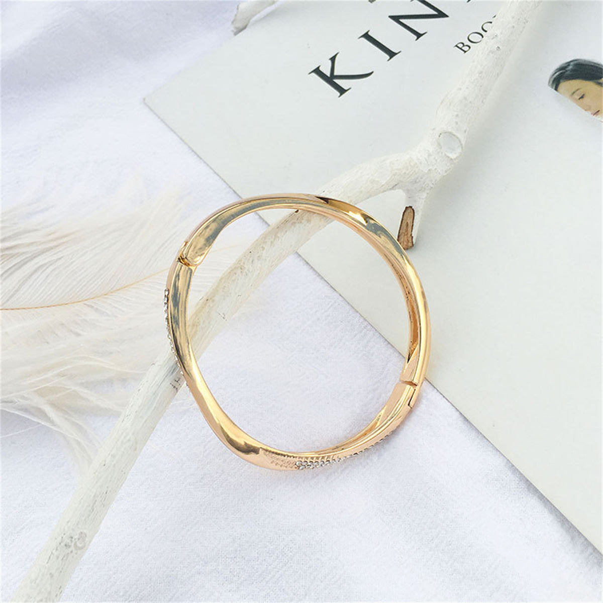 Cubic Zirconia and 18K Gold-Plated Twisted Bangle, gold bangle bracelet, botanical inspired, styled look