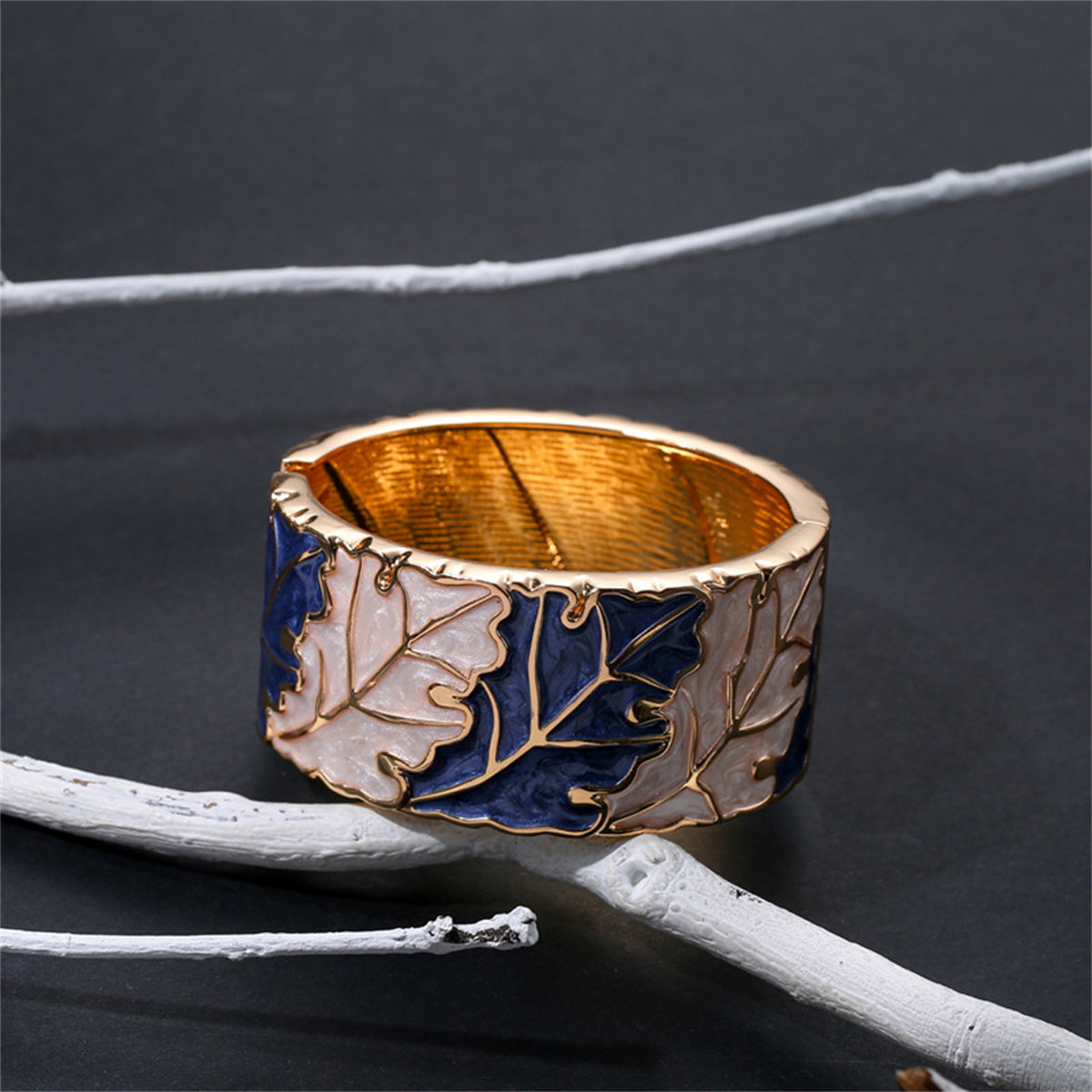 Blue and Apricot Enamel 18K Gold-Plated Leaves Bangle, gold bangle bracelet, elegant gift for her, lifestyle look