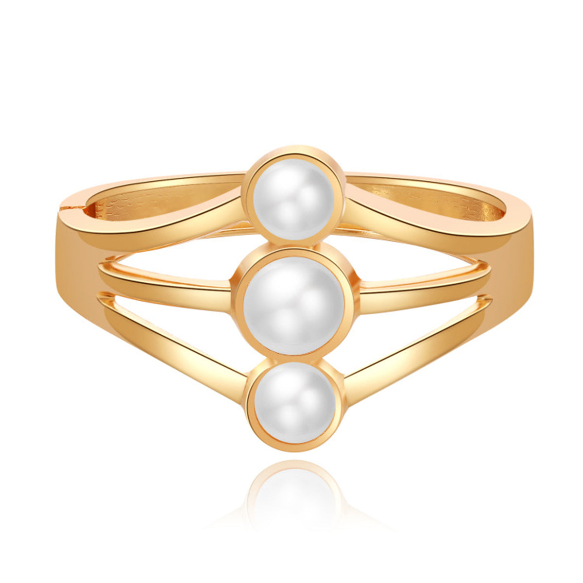 A gold-plated bangle featuring three elegant white pearls, complemented by a layered bangle design.