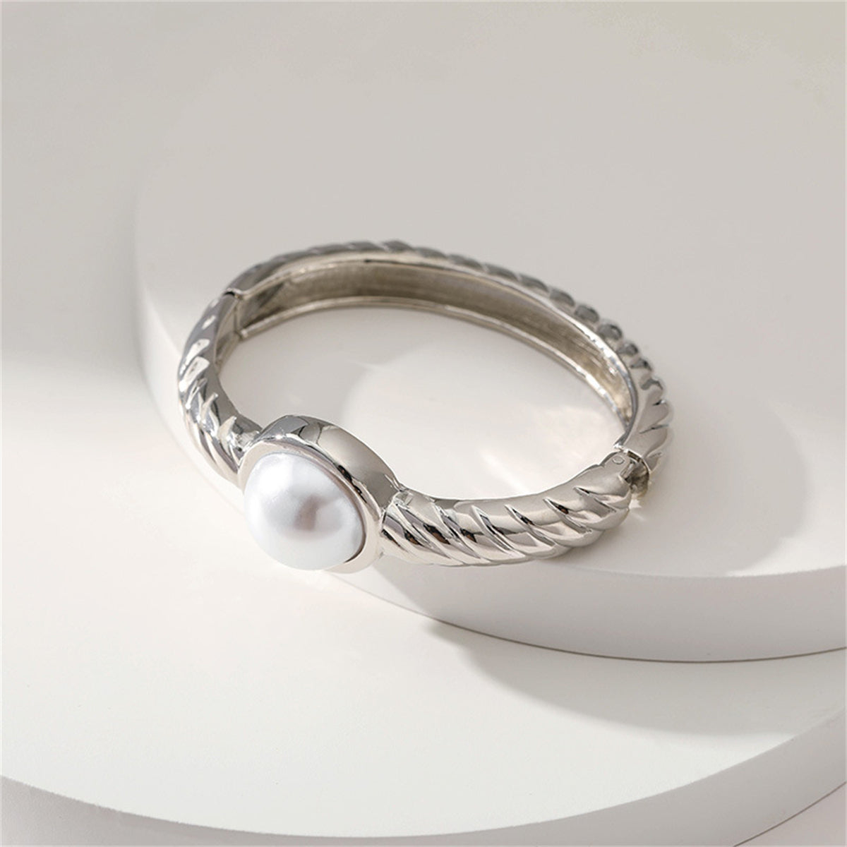 Pearl and Silver-Plated Twine Bangle, silver bangle bracelet, dainty minimalist design, styled look