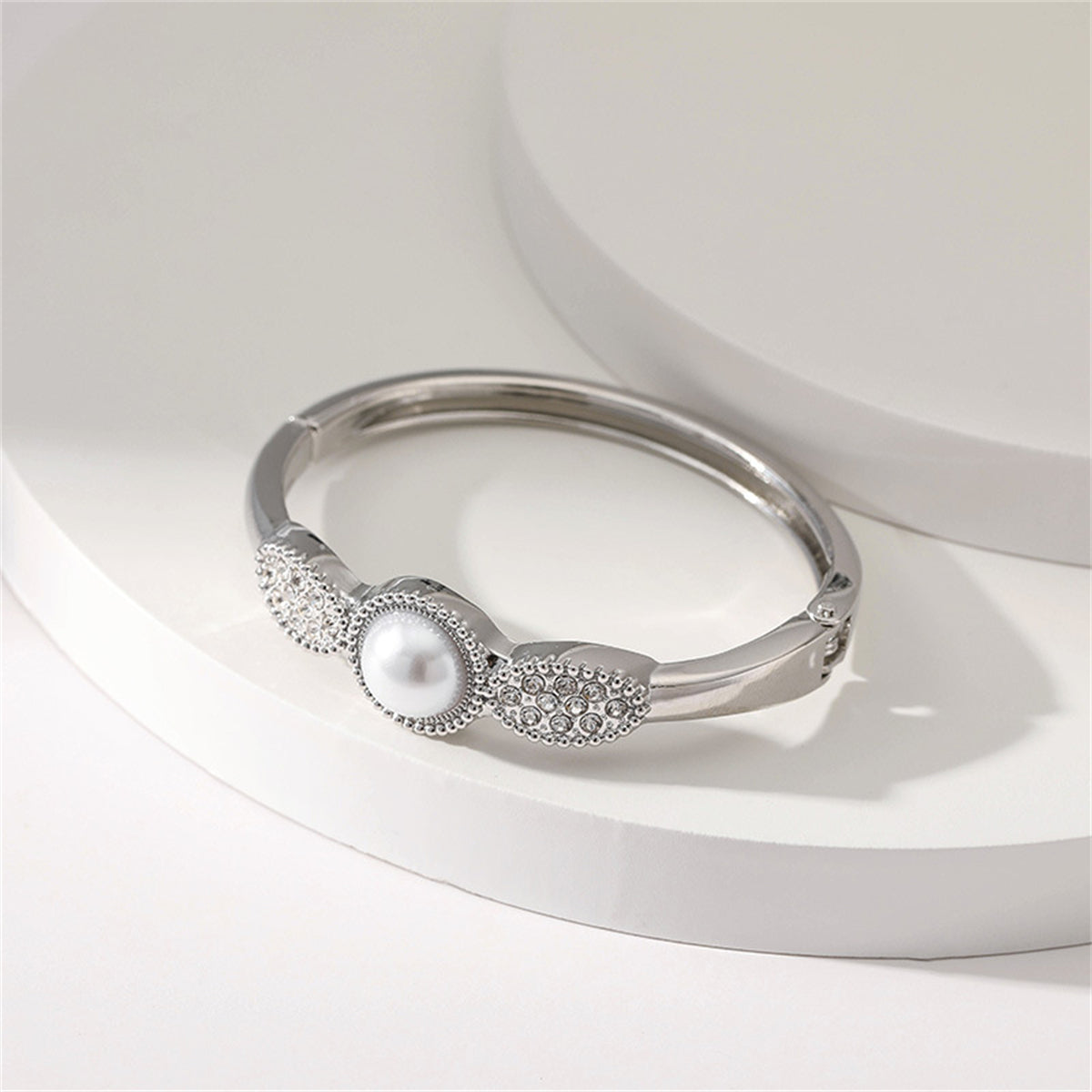 Pearl and Cubic Zirconia Silver-Plated Bangle, silver bangle bracelet, vintage-inspired design, styled look