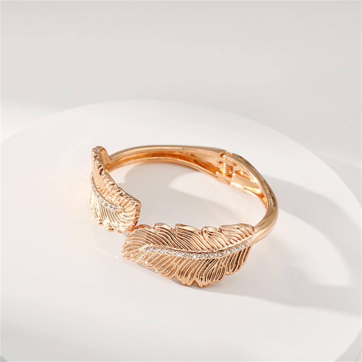 Clear Cubic Zirconia and 18K Gold-Plated Leaf Hinged Bypass Bangle, gold bangle bracelet, styled look