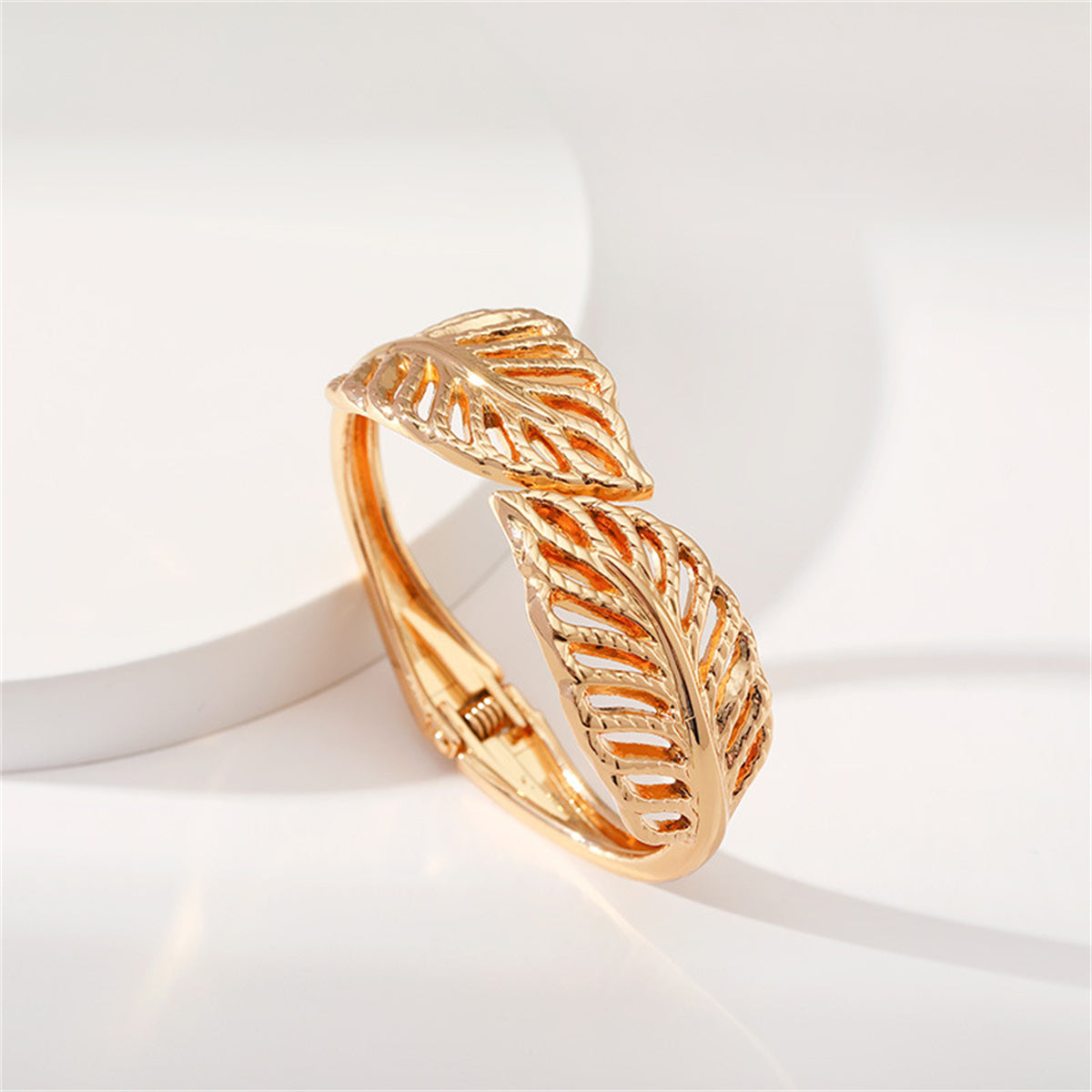 18K Gold-Plated Leaves Hinged Bypass Bangle, gold bangle bracelet, vintage-inspired design, styled look