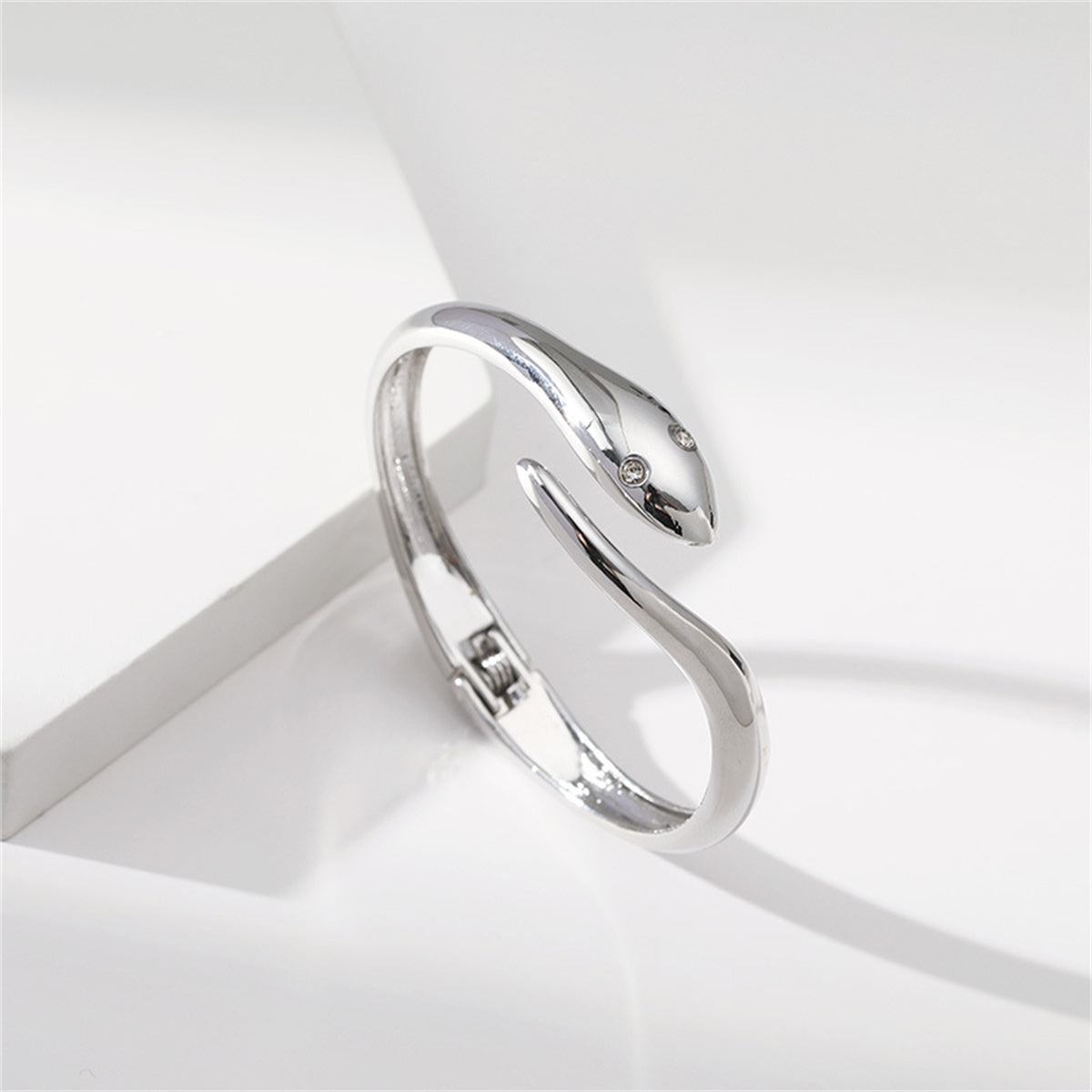 Cubic Zirconia and Silver-Plated Snake Hinge Bangle, silver bangle bracelet, vintage-inspired design, styled look