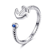Blue Cubic Zirconia & Silver-Plated Anchor Open Ring