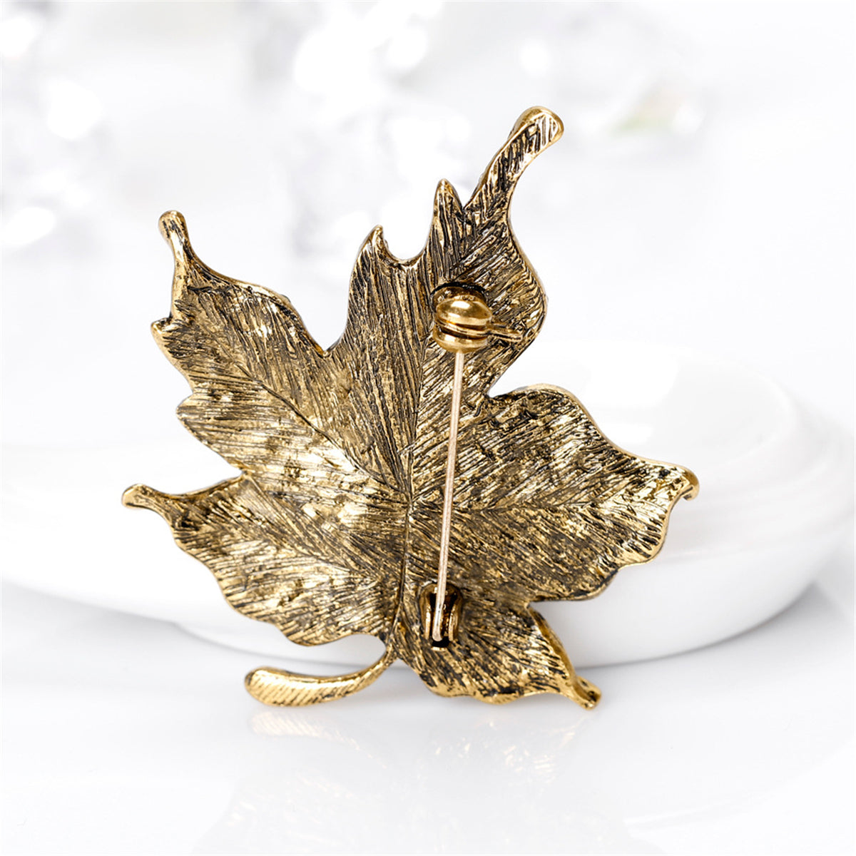 Red Multicolor Cubic Zirconia and 18K Gold-Plated Maple Leaf Brooch, gold brooch pin, botanical inspired, styled look