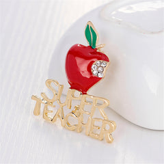 Cubic Zirconia & Enamel 18K Gold-Plated 'Super Teacher' Apple Brooch