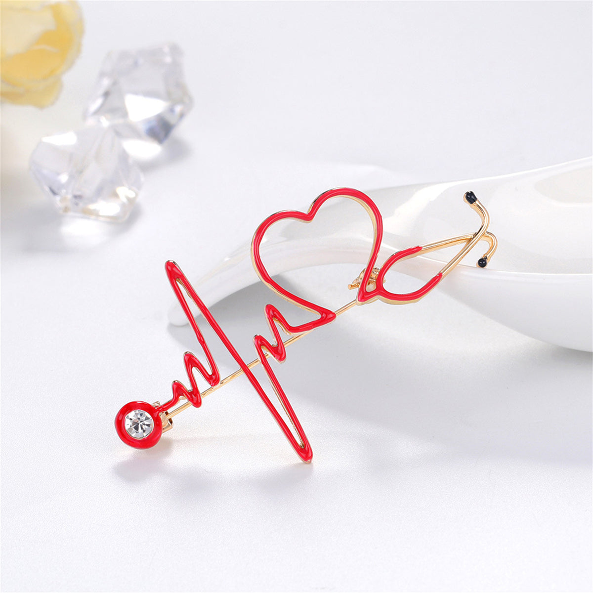 Cubic Zirconia and Enamel 18K Gold-Plated Stethoscope Heartbeat Brooch, gold brooch pin, lifestyle look