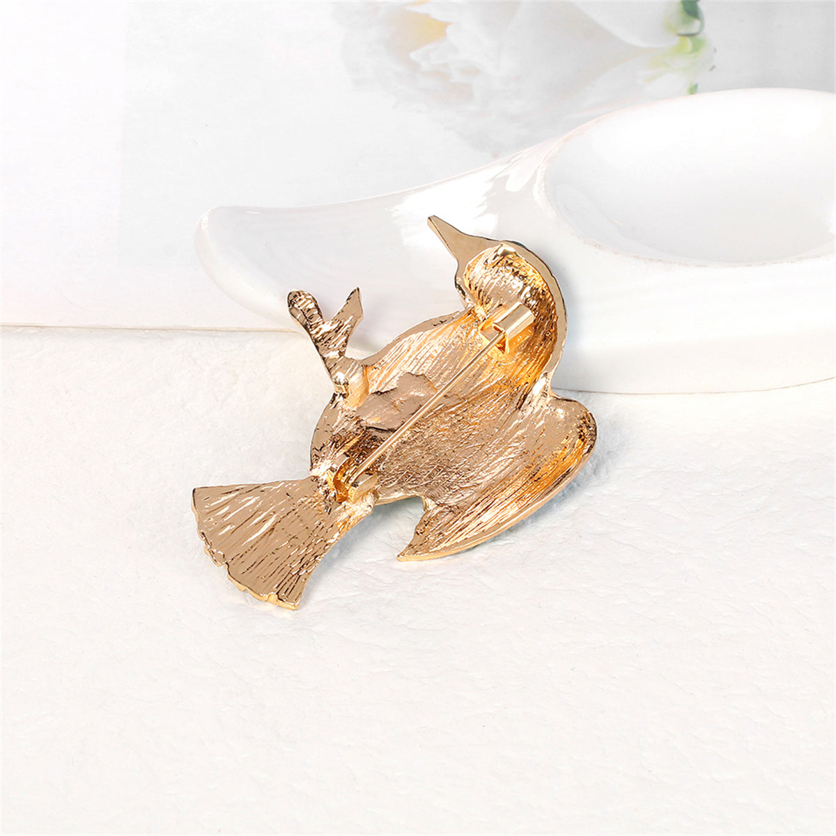 Teal Enamel and 18K Gold-Plated Bird Brooch, gold brooch pin, everyday style, styled look