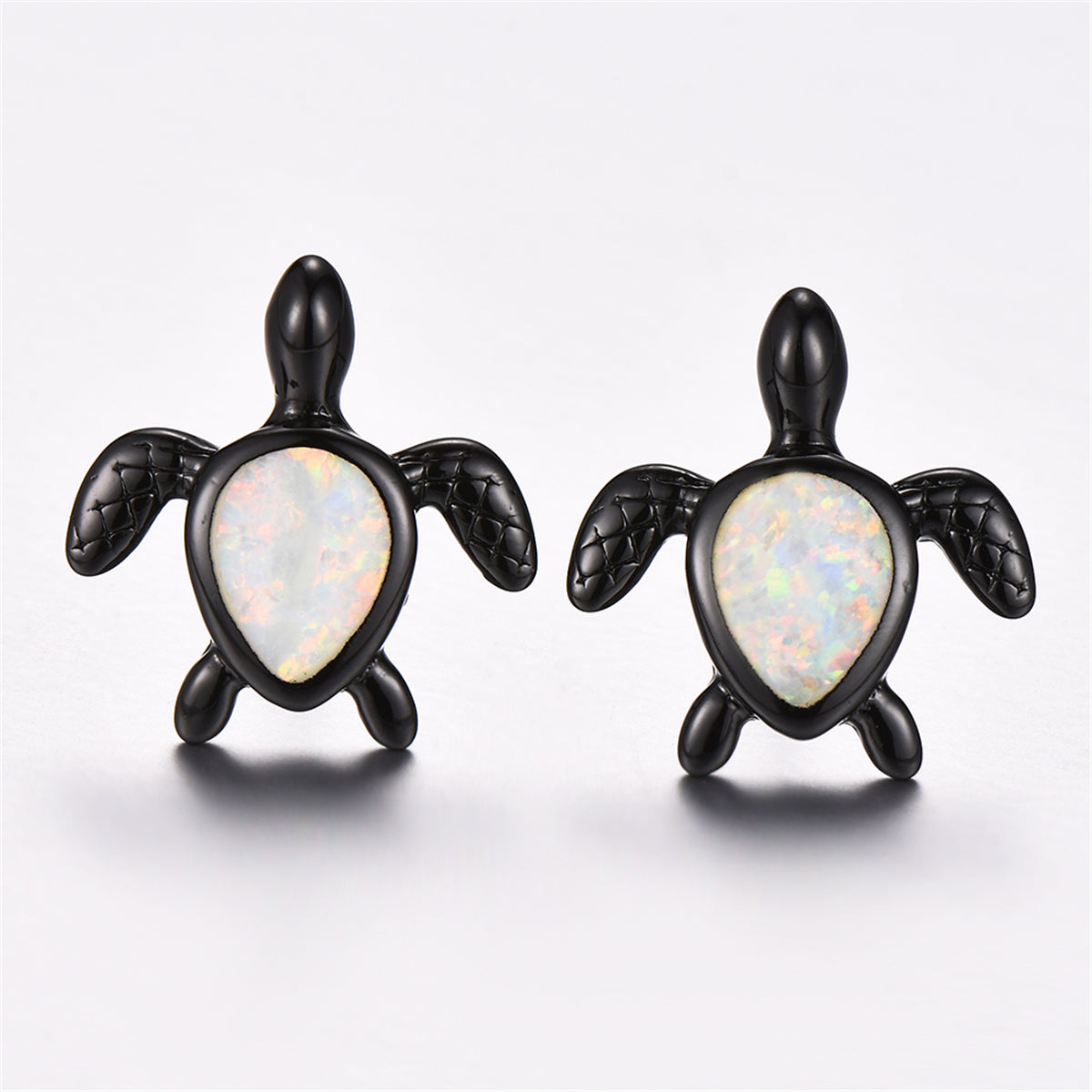 White Opal and Black Turtle Stud Earrings, stud earrings for women, botanical inspired, lifestyle look