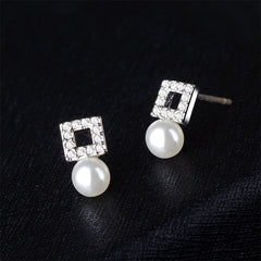 Pearl & Cubic Zirconia Square Stud Earrings
