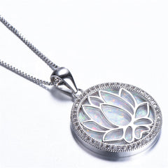 Opal & Cubic Zirconia Round Lotus Pendant Necklace
