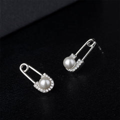 cubic zirconia & pearl Safety Pin Stud Earrings - streetregion