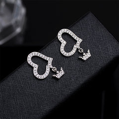 Cubic Zirconia & Silver-Plated Heart Crown-Charm Drop Earrings